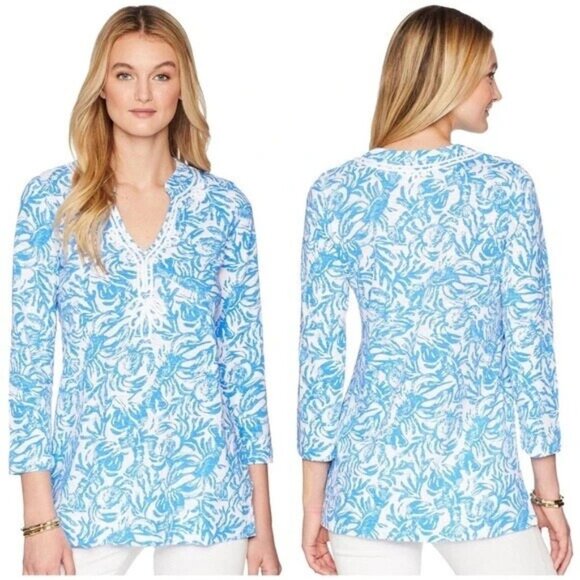 Lilly Pulitzer KAIA KNIT TUNIC Resort White Aqua Lounge KNIT Top Blue M A000915 - Picture 1 of 14